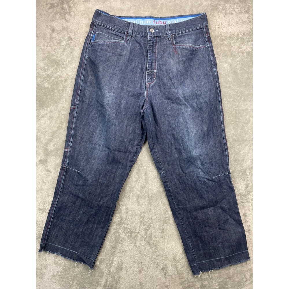 VTG Fubu Platinum Mens Fat Albert Jeans 38x34 Blue Baggy Loose Distressed Ankles